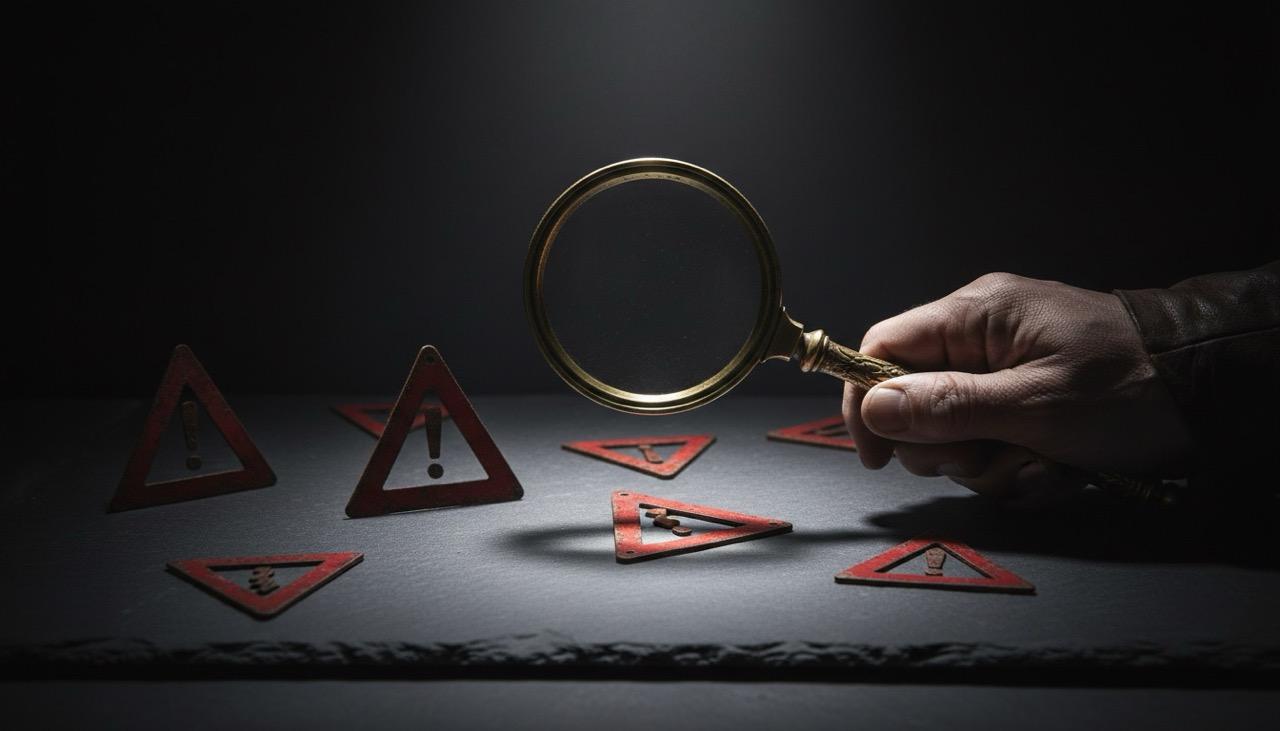 Detective magnifying glass revealing warning signs on a YouTube creator profile