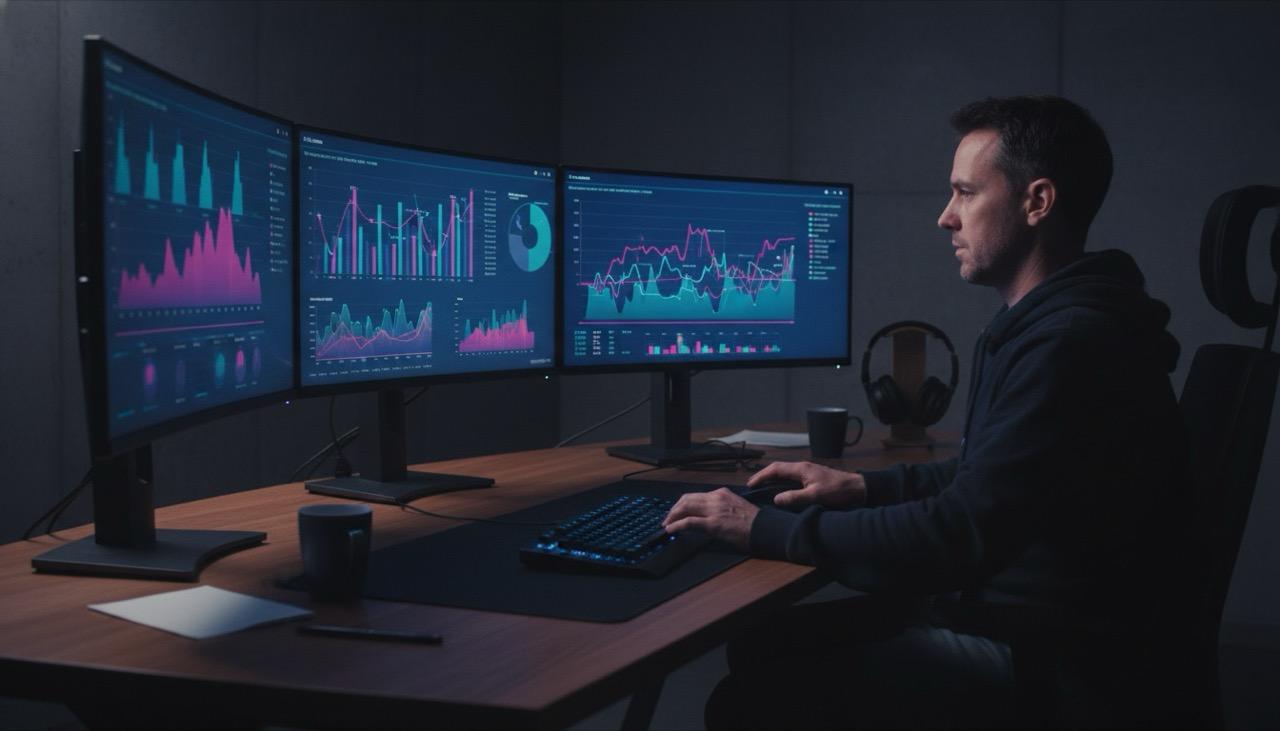 Data analyst examining engagement metrics and audience demographics on holographic displays