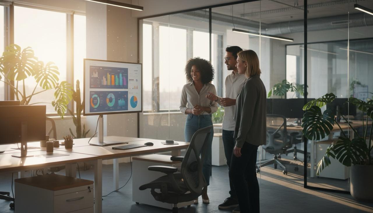 Marketing team collaborating around a large display showing YouTube analytics dashboard with creator profiles and campaign metrics